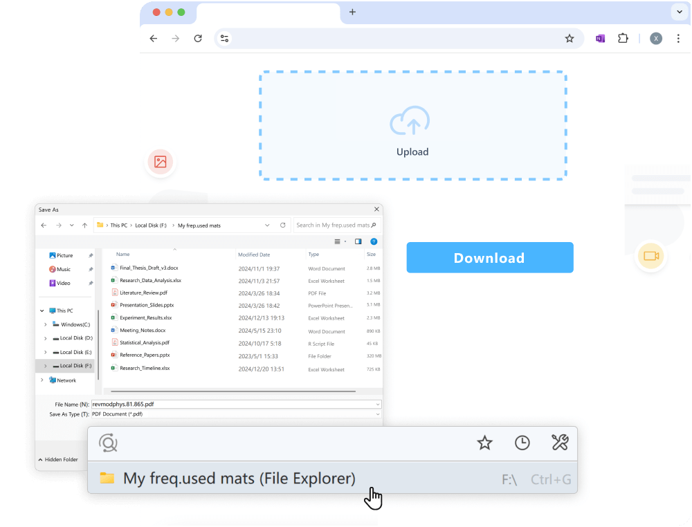 Easily download and upload files. Access frequent folders instantly for seamless file management.