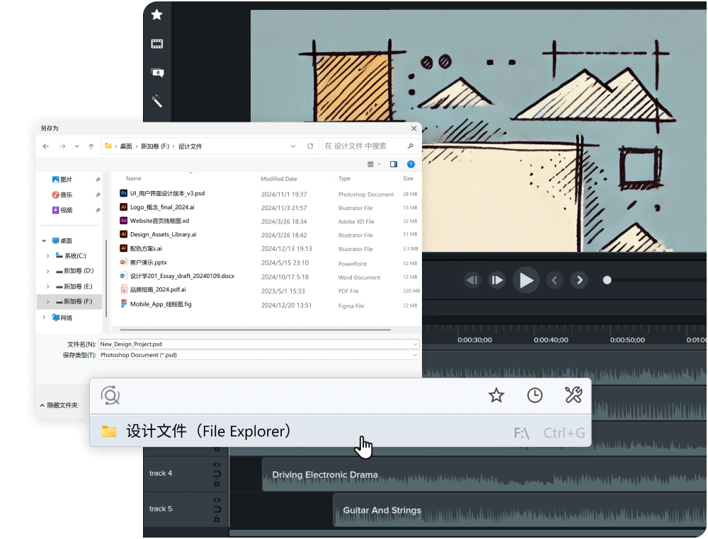 Easily import files. Access folders like "DESIGN" quickly for seamless workflow integration.