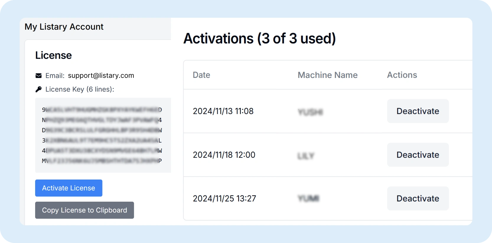Listary 账户管理界面，显示许可证信息和设备激活历史。