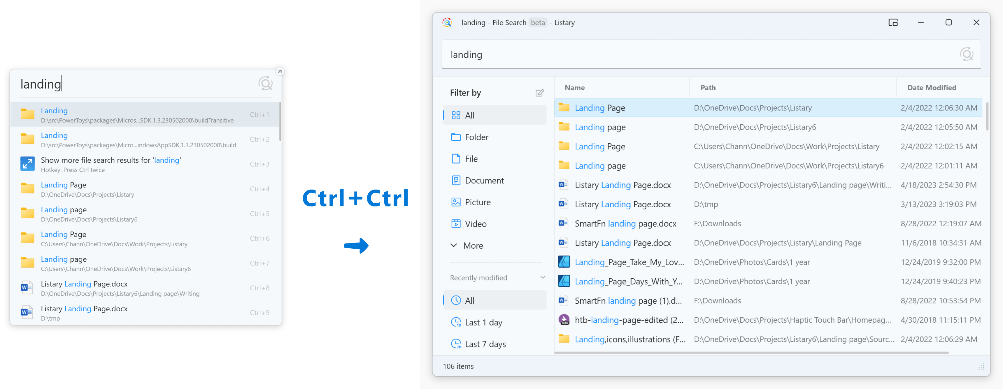 switch between Listary launcher and file search window with Ctrl-Ctrl hotkey